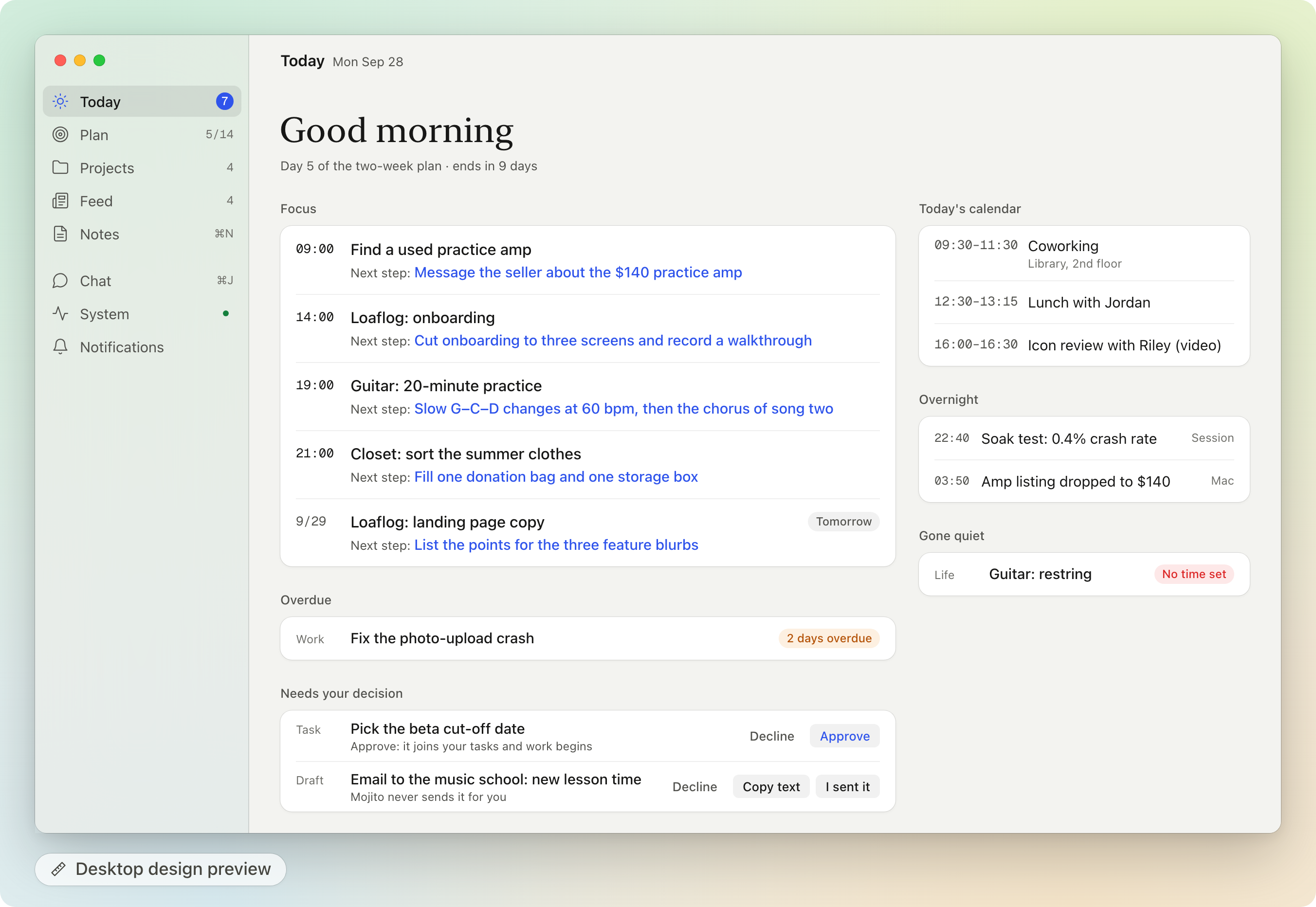 Design preview of Mojito's next desktop interface, labeled 'Desktop design preview': the Today window, with a serif 'Good morning'. On the left, Focus cards each show a task and its next step in blue, followed by Overdue and Needs your decision. On the right, today's calendar, Overnight and Gone quiet.