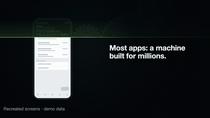 An 11-second animated demo. Most apps are a machine built for millions; Mojito keeps a thin app with Claude Code on your Mac at its core, reading your mail, calendar and files. You ask in chat, the agent rebuilds the app, and a card's next step changes. It ends on the Mojito logo: the local, evolving alternative to cloud personal AI.