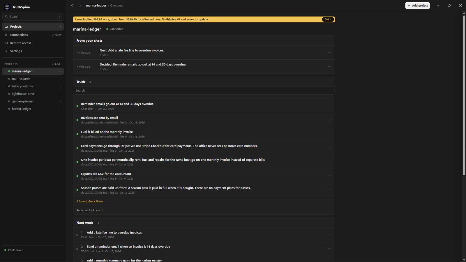 A TruthSpine project page: what your chats just saved, the project's truth, and numbered next work