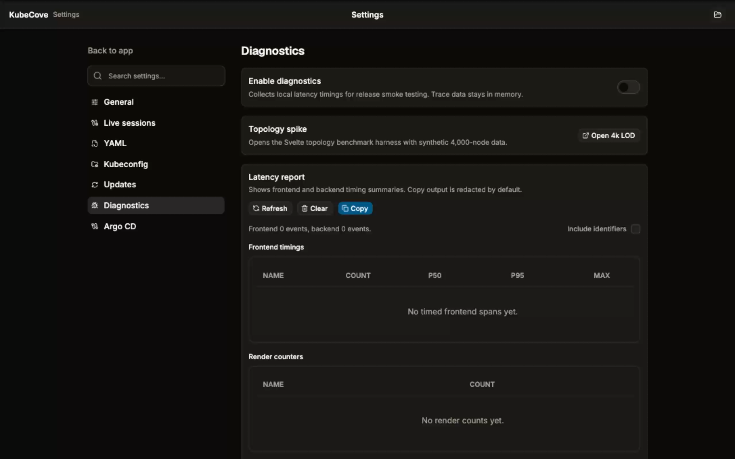 KubeCove Settings diagnostics view showing local latency report controls