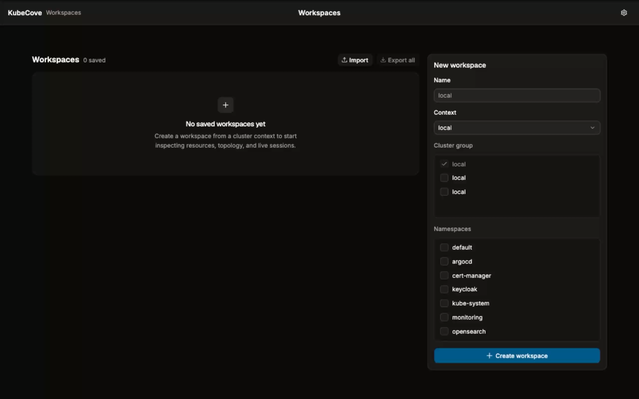 KubeCove workspace launcher showing context, cluster group, and namespace scope