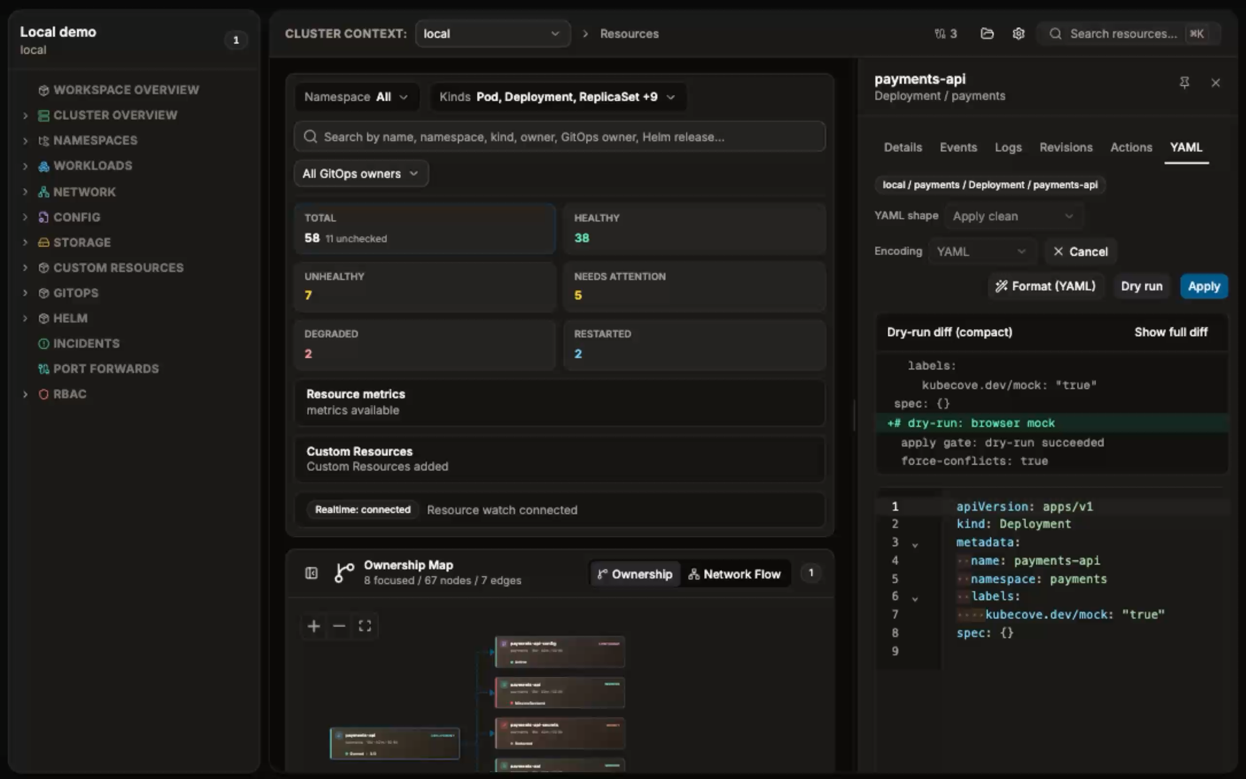 KubeCove selected-resource YAML editor showing a server dry-run diff before apply