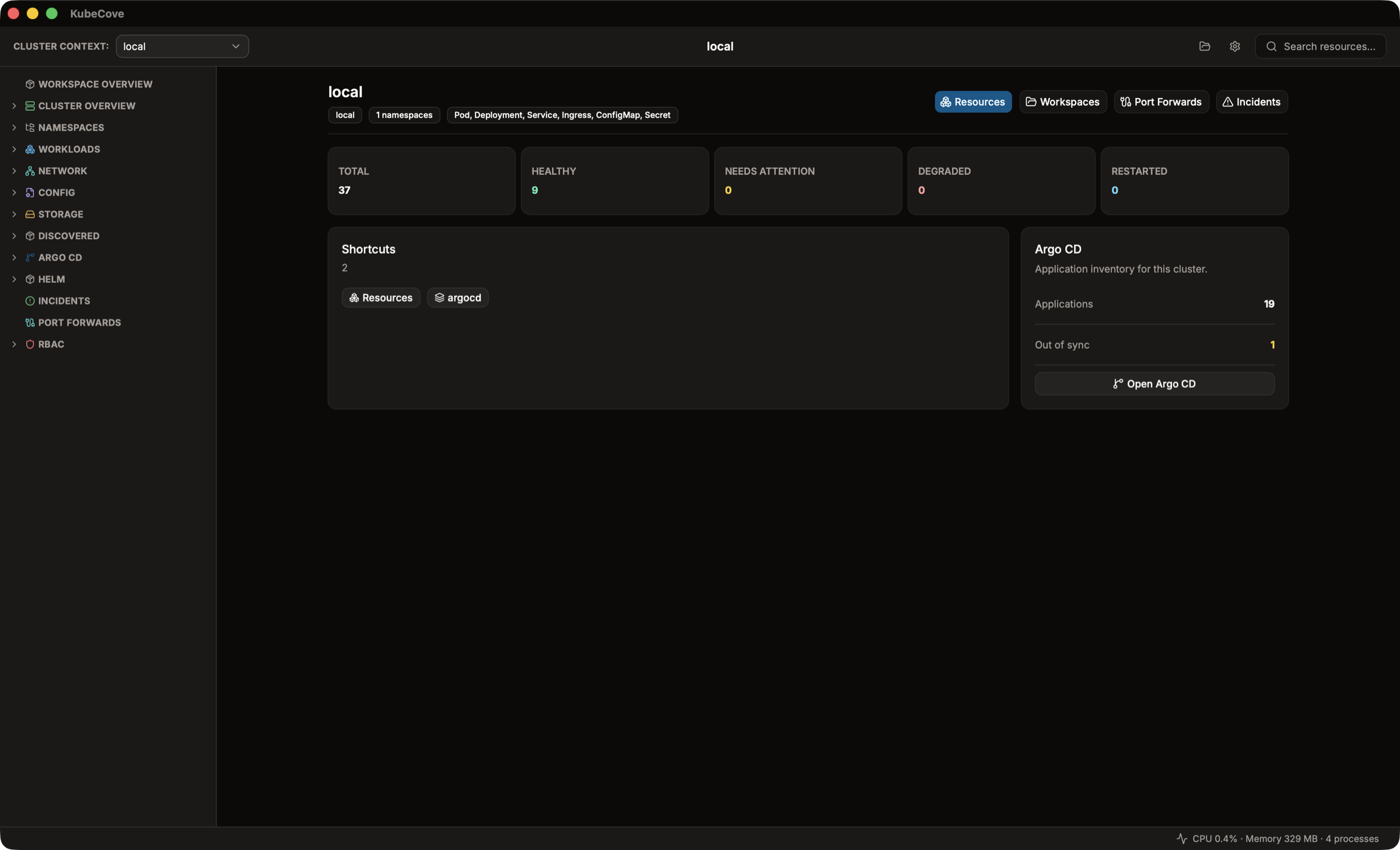 KubeCove Kubernetes desktop UI showing workspace health, resource scope, and Argo CD status