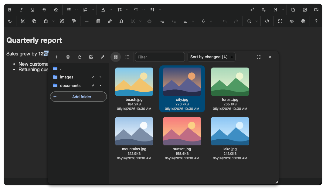 chrome-dark: file browser over the editor