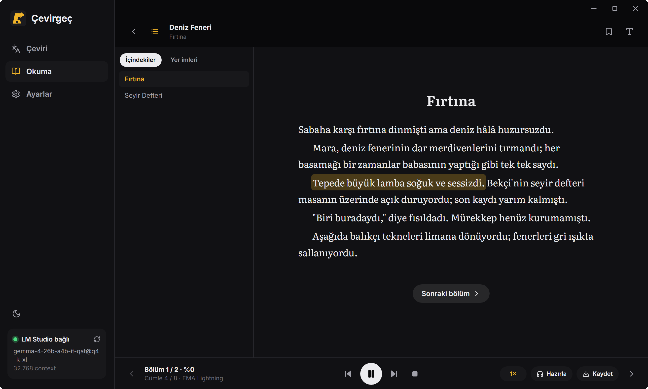 Çevirgeç okuma ve sesli okuma ekranı