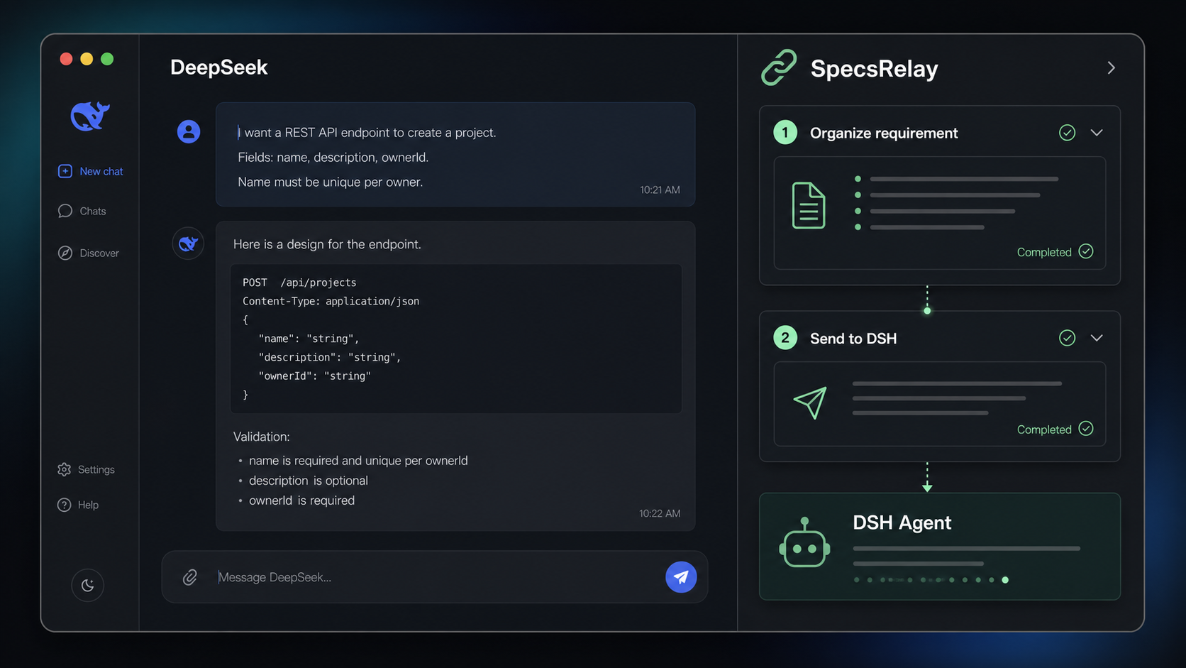 SpecsRelay 将 DeepSeek 对话整理为需求并发送到 DSH Agent