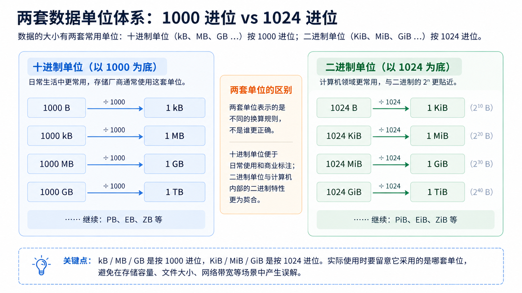 十进制数据单位按 1000 进位与二进制数据单位按 1024 进位的对照