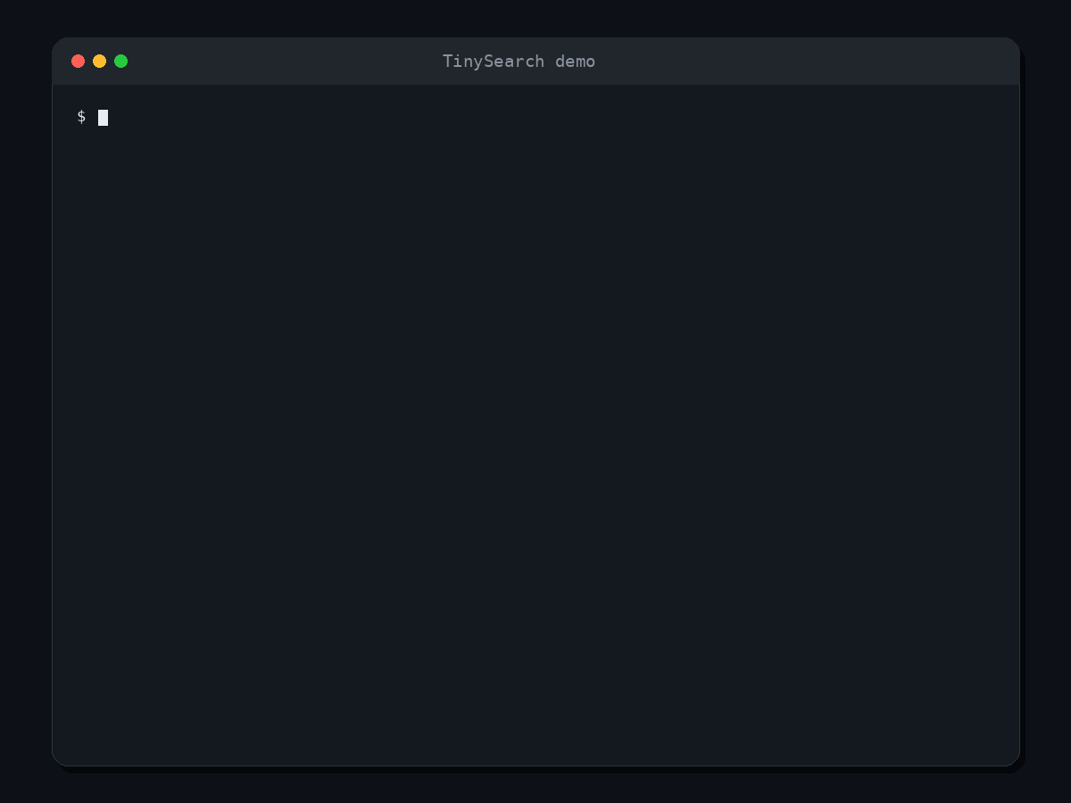 TinySearch CLI setup and first run in a terminal