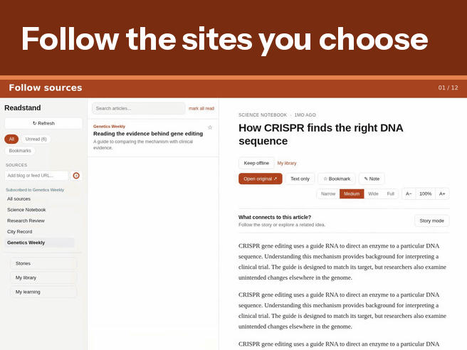 Readstand: follow the sites you choose, read without clutter, save the lines that matter