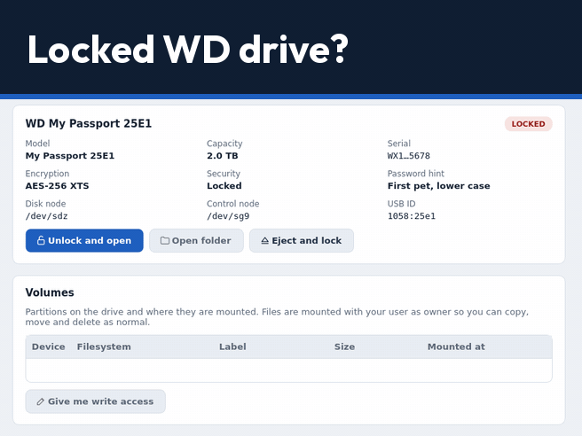 WD My Passport Linux Unlocker: unlock, copy files, set the password, format and eject