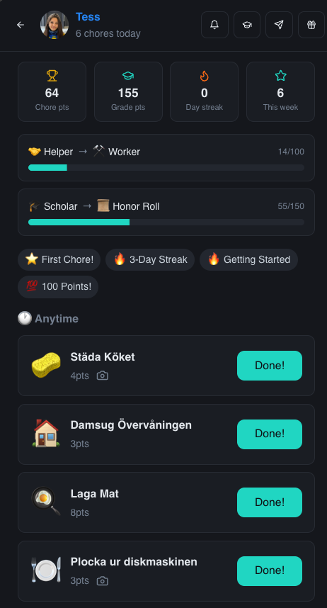 Kids — today's chores, stats & badges