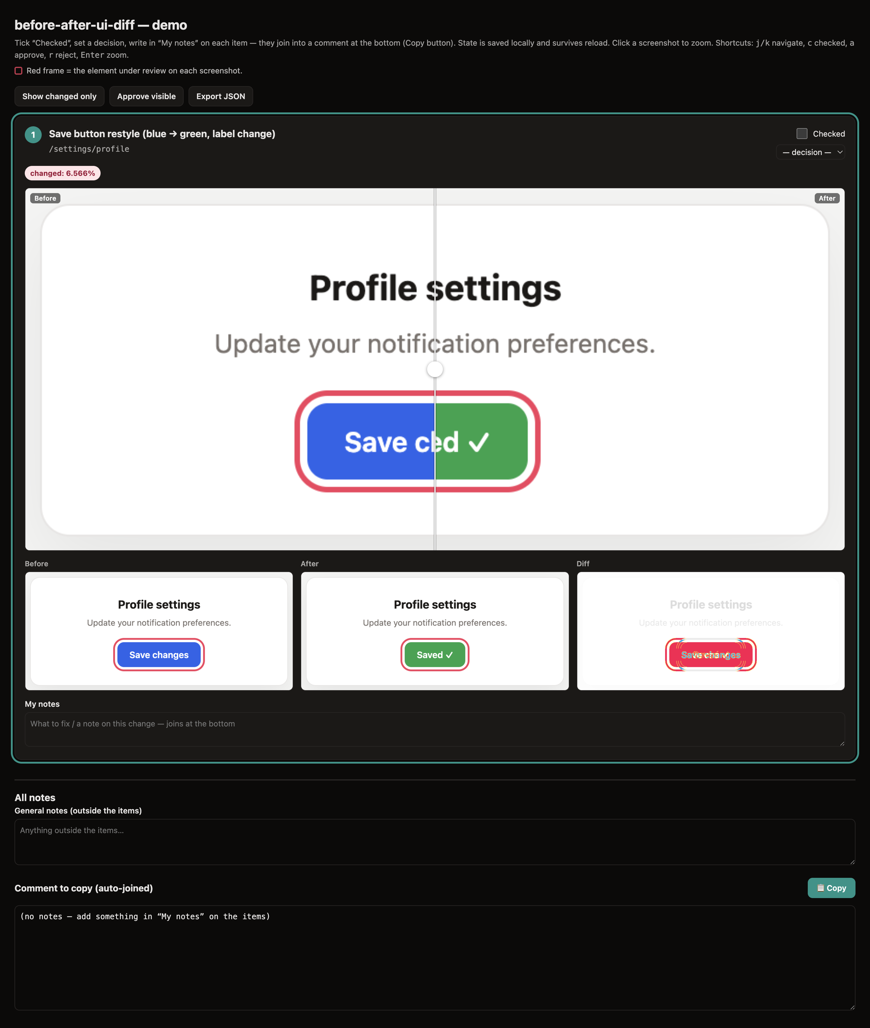 before-after-ui-diff before/after review report — title, toolbar, a red-frame legend, and a changed-row with a before/after slider and a Before/After/Diff strip, the element under review ringed in red