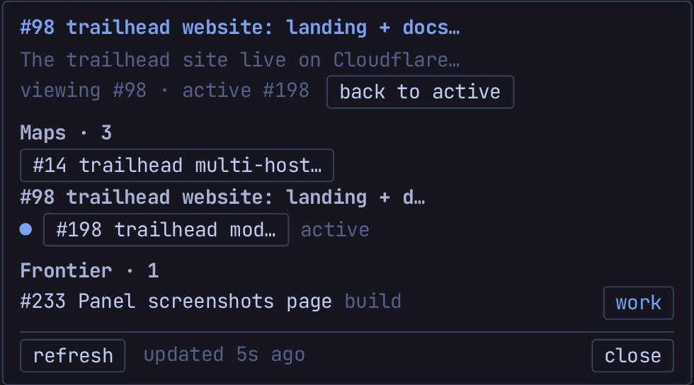 The panel viewing another map, with a viewing and active header and a back to active button