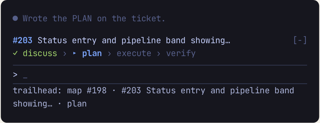 The pipeline band above the prompt and the trailhead status entry under it