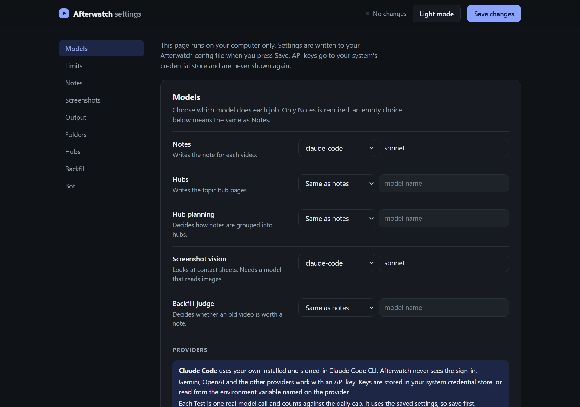 The settings page