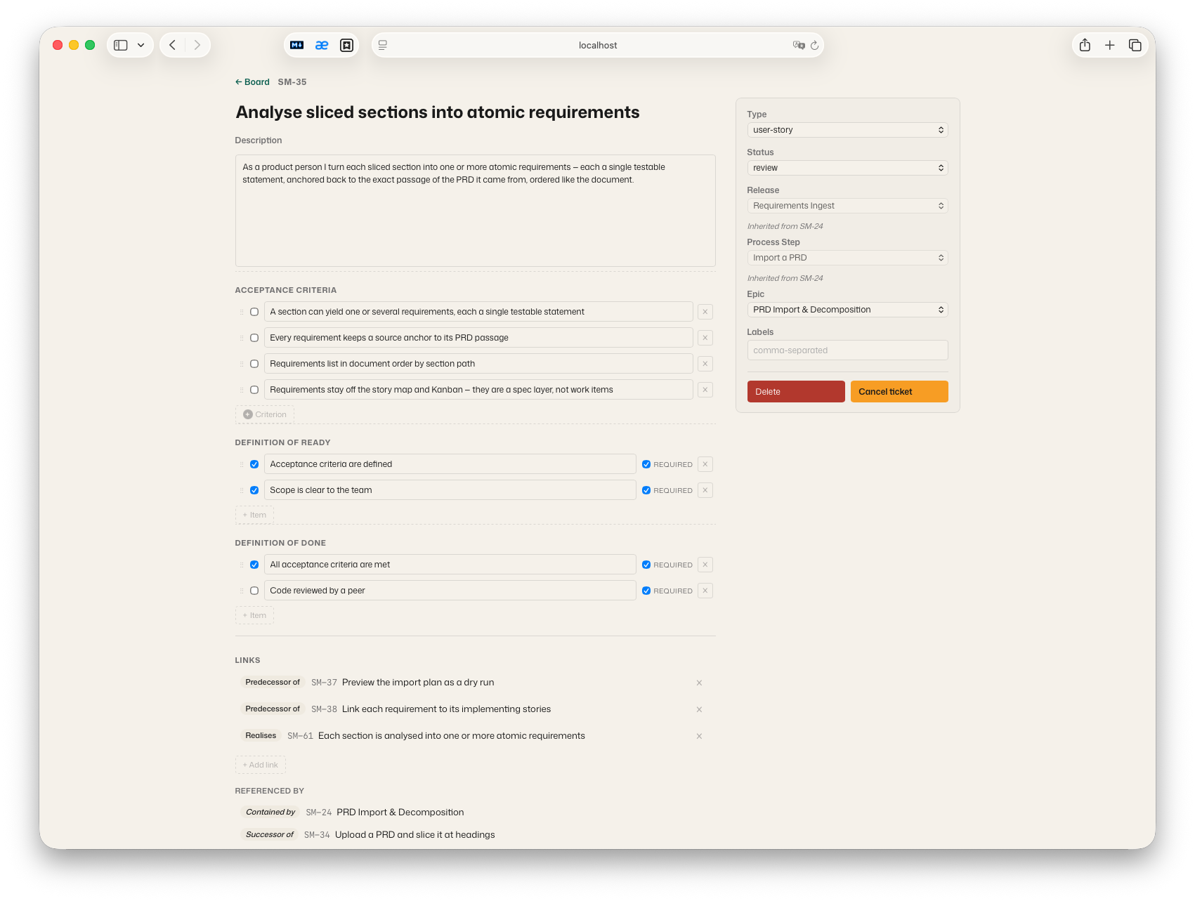 Ticket detail β acceptance criteria, Definition of Ready / Definition of Done checklists, and typed links