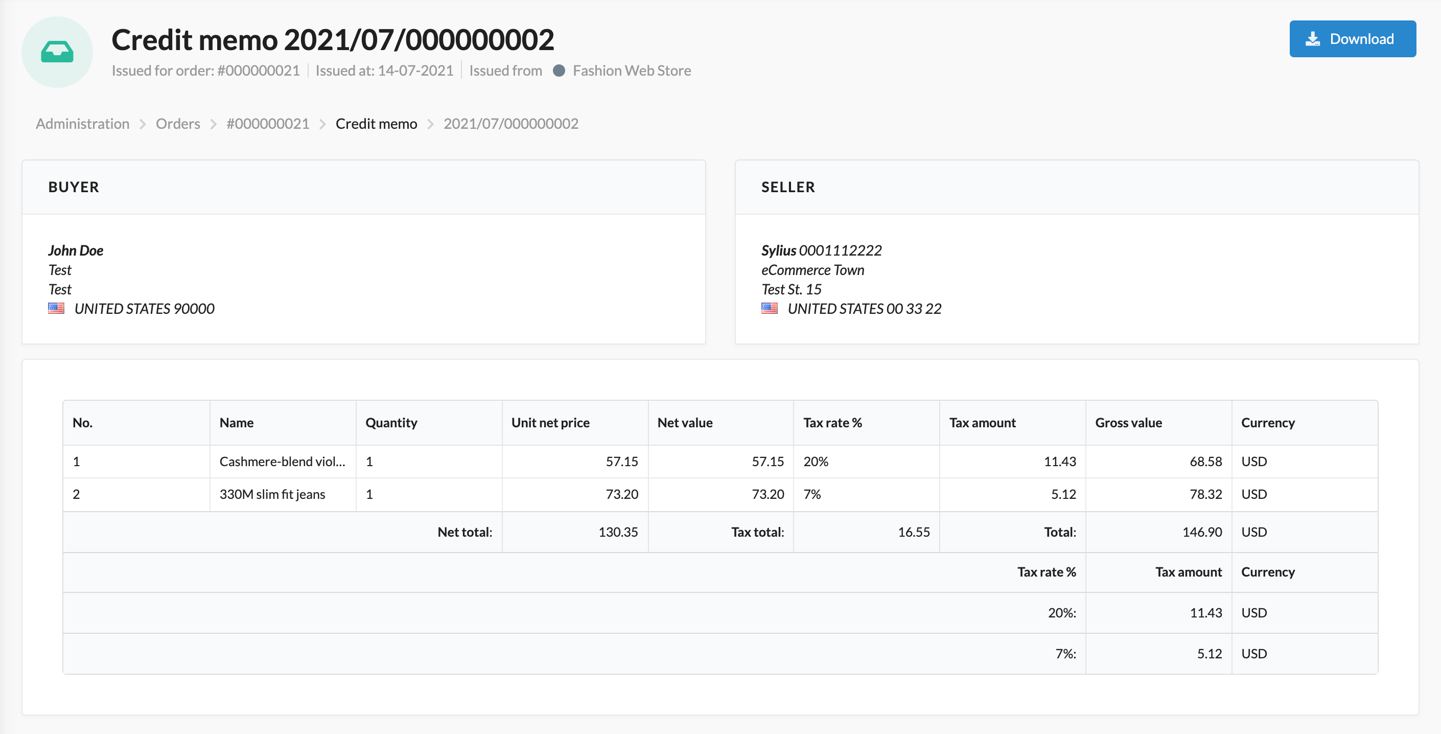 Screenshot showing credit memo details page