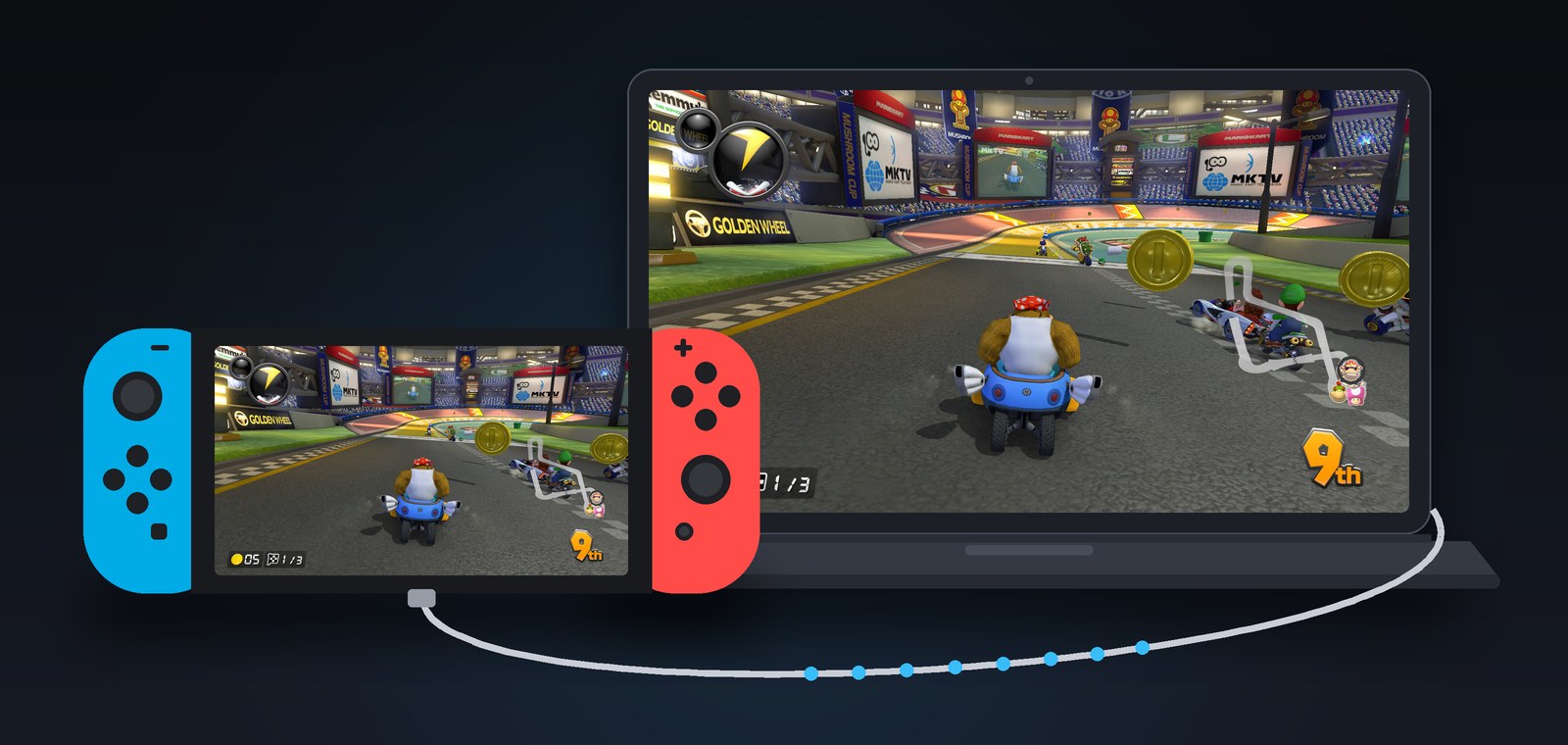 The game on the Switch and the same picture on a laptop, connected by a USB-C cable