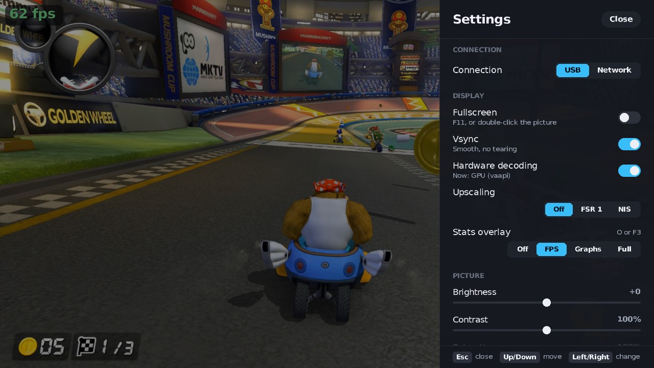 The Settings panel over the game