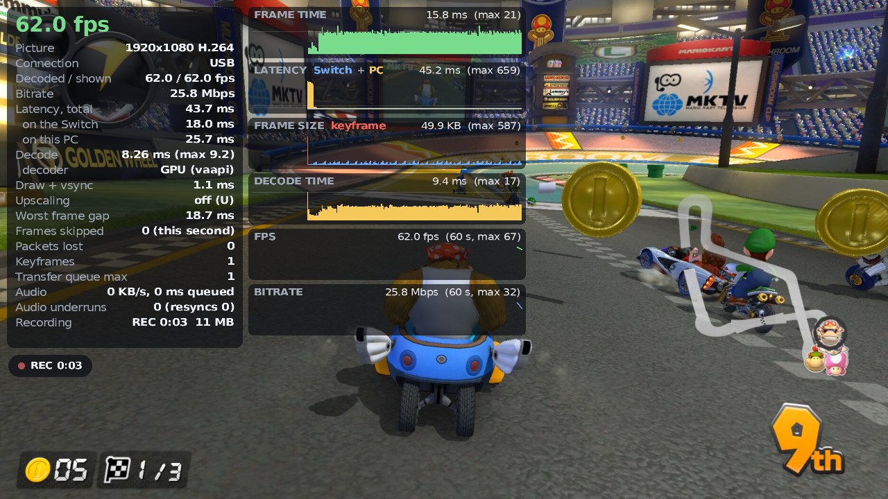 The full stats overlay, with the recording timer