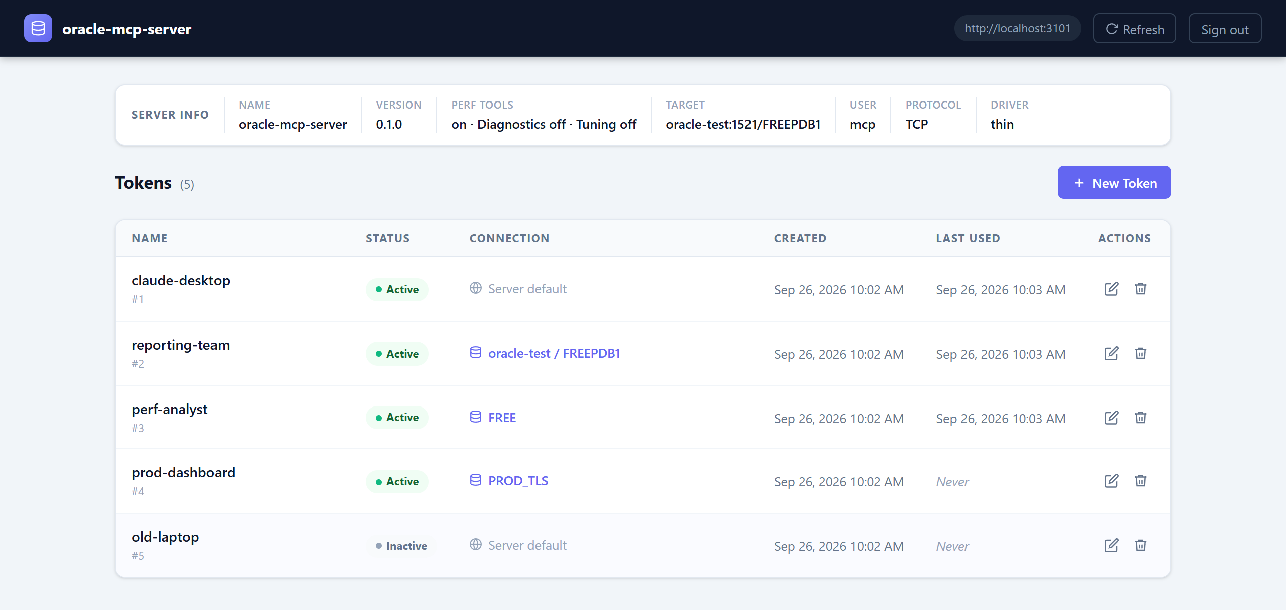 Admin UI: token list
