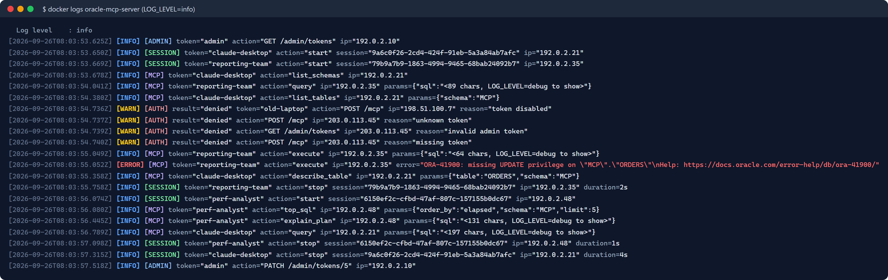 Log output at LOG_LEVEL=info