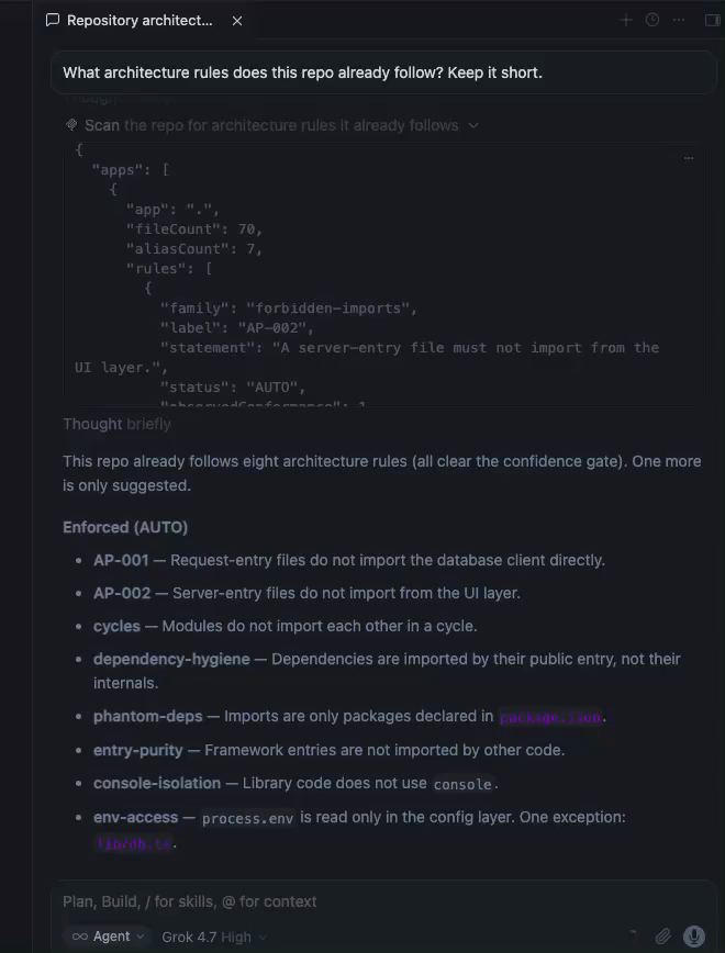 Cursor's desktop chat, running Grok 4.7, answering from archprint's scan result: the rules and lib/db.ts as the one exception
