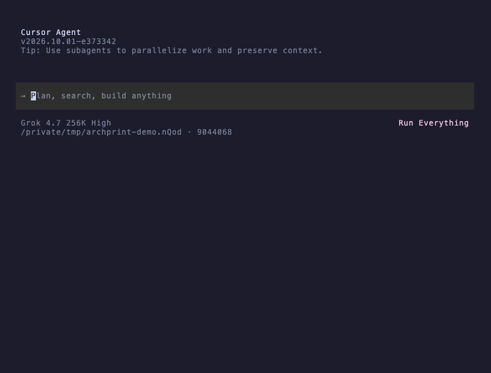 Cursor's terminal agent, running Grok 4.7, listing the enforced, held-for-review and report-only rules, then adding a route and checking it with archprint_check