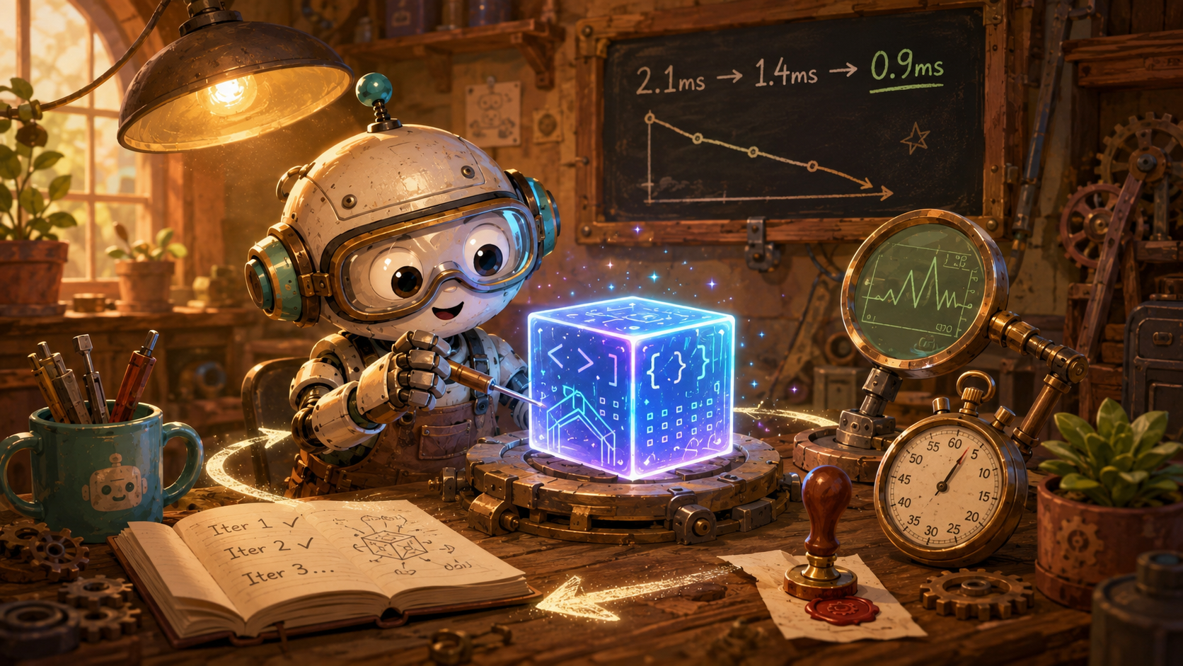 A cartoon robot agent at a single workshop bench iterates on a glowing GPU kernel cube — with iteration logbook, profiler, timer, and commit stamp at hand, and a speedup chart on the chalkboard — illustrating AKO4ALL's single-session, drop-in kernel optimization loop.