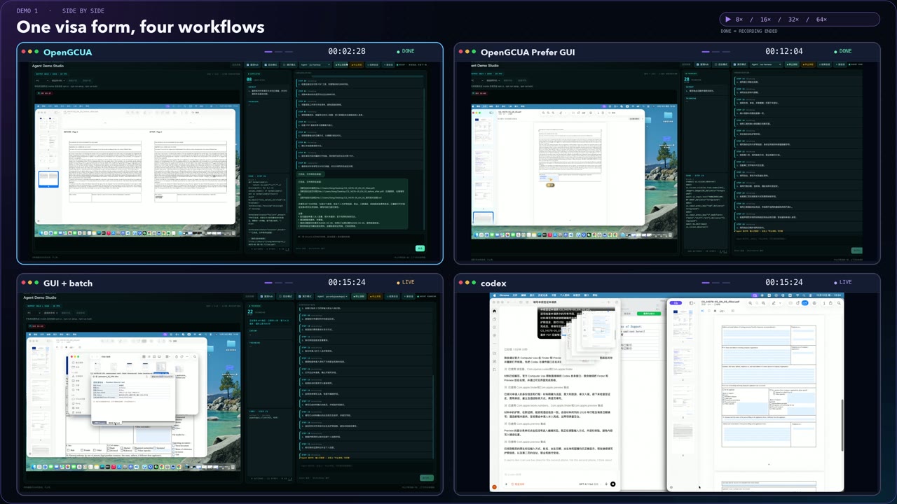 Side-by-side video of four workflows filling in the same visa form.