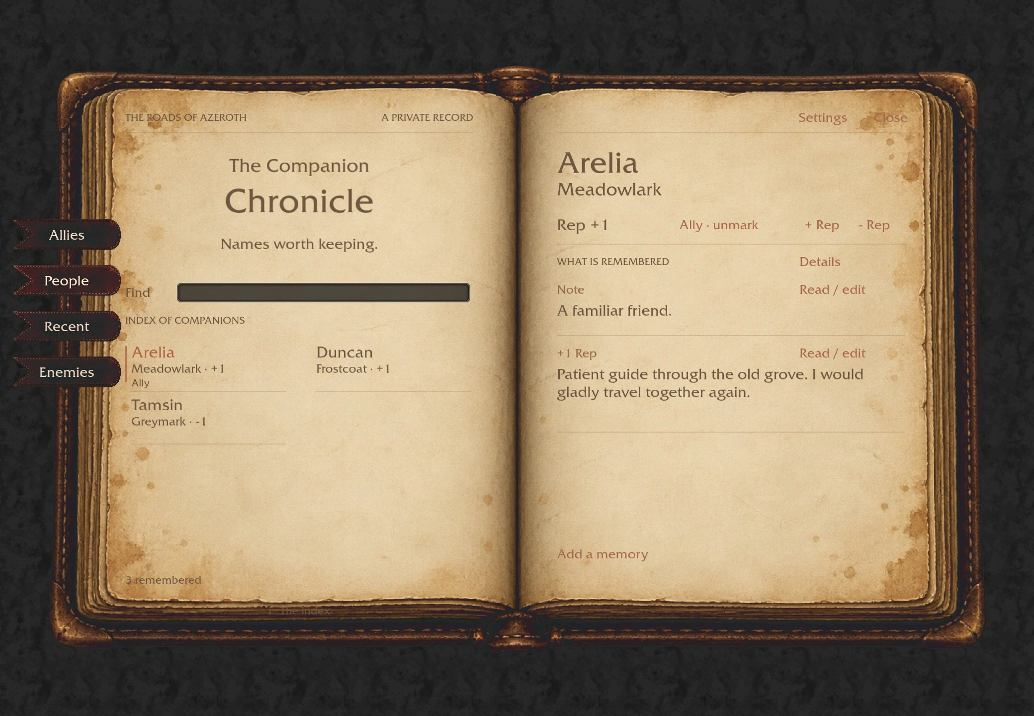 The Chronicle journal open to a page of fictional companions and memories
