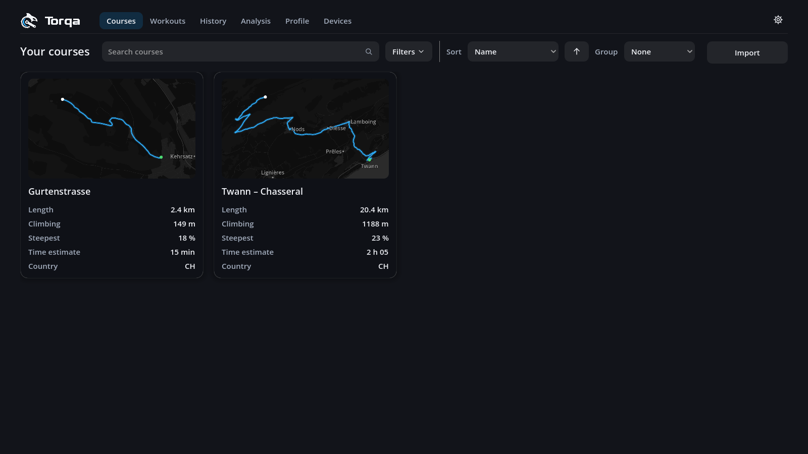 The Courses tab