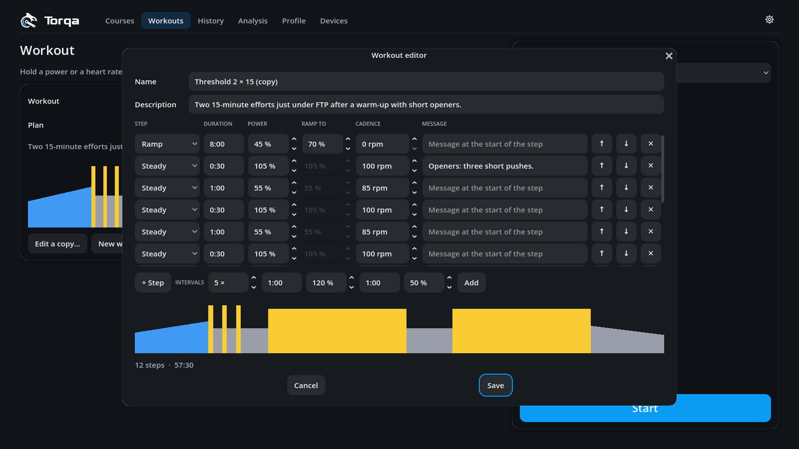 The workout editor on a copy of Threshold 2 × 15