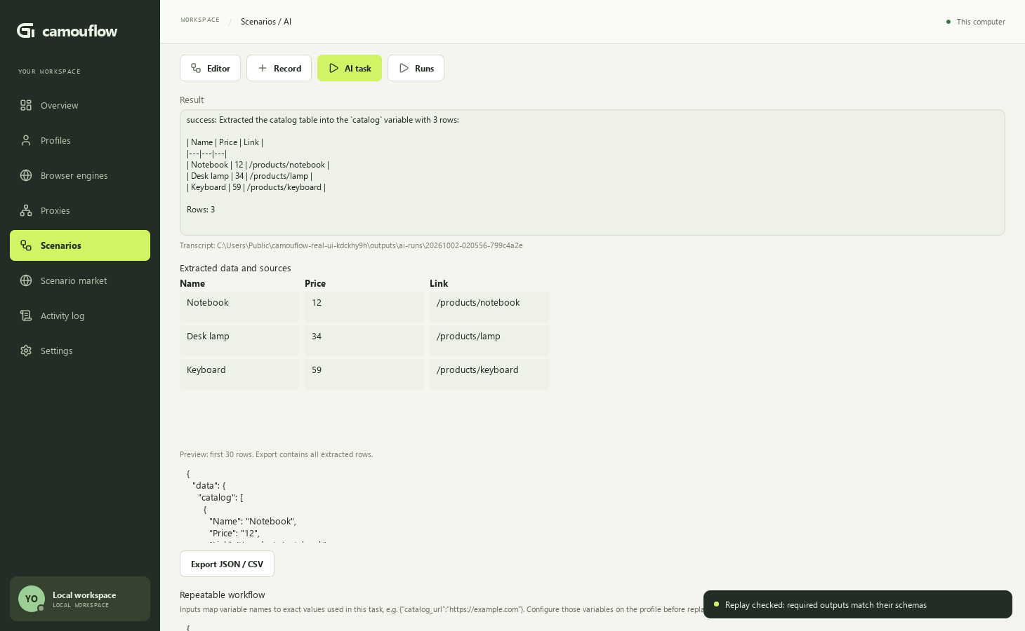 Real AI catalog extraction and verified replay