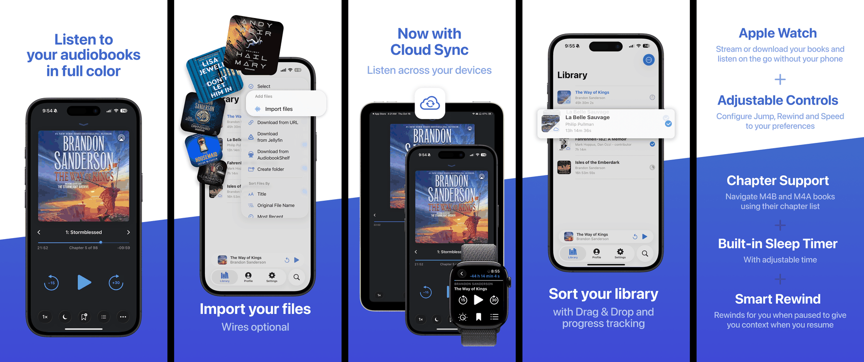 Five screenshots of BookPlayer on iPhone, iPad and Apple Watch. Showing the Player, Import options, Cloud Sync, the Library and playback features
