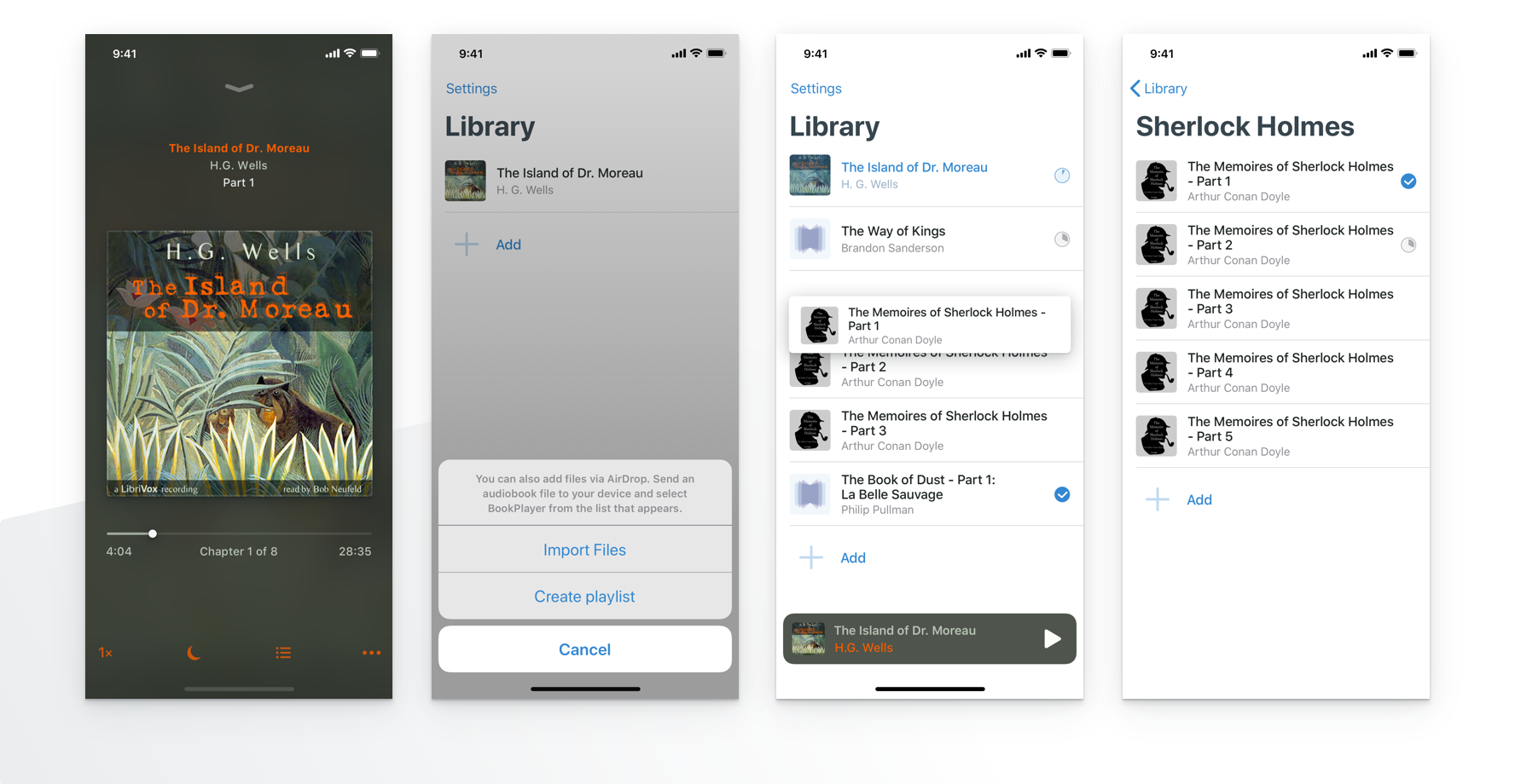 Four screenshots of BookPlayer on the iPhone X. Showing Player, Import options, the Library and, a playlist