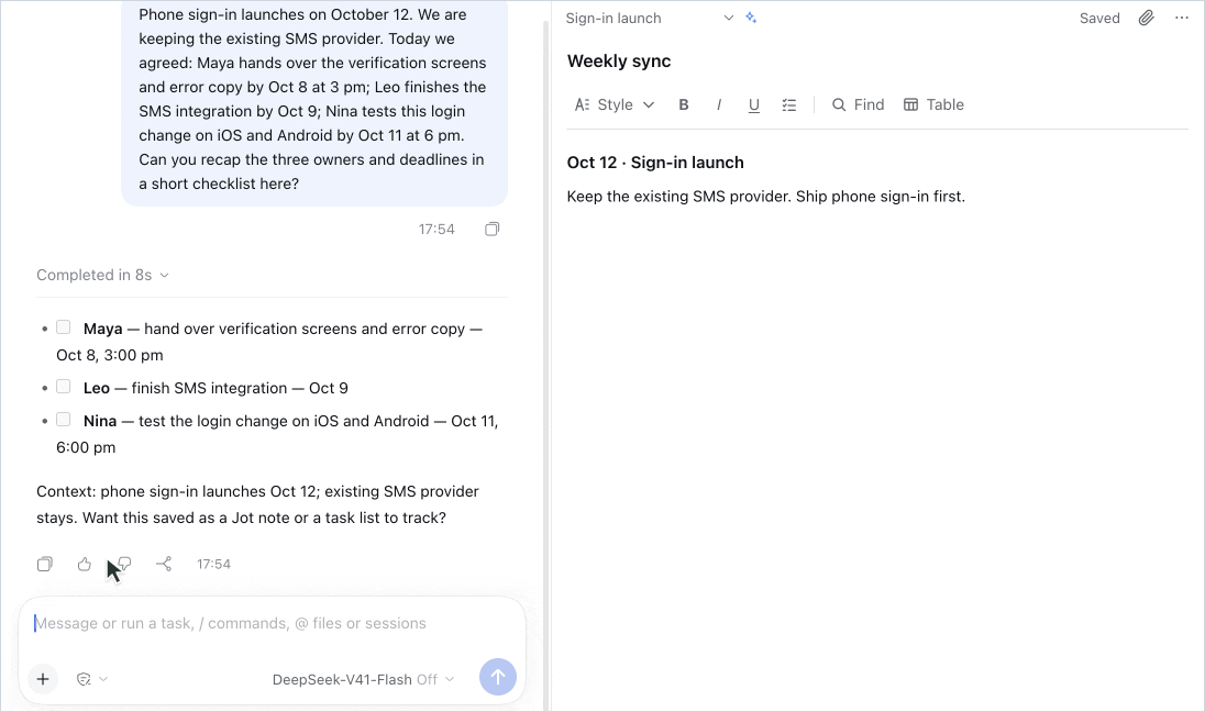 In a DSH conversation, AI adds the three agreed tasks to the note Weekly sync; the note shows AI edited, and one task is checked off