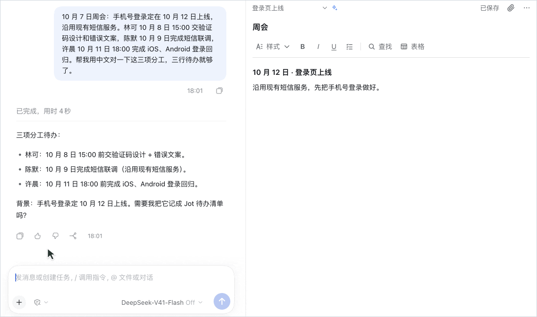 在 DSH 对话里让 AI 把周会分工记进随记：右侧笔记出现三条待办和「AI 修改」标记，随后勾掉一条