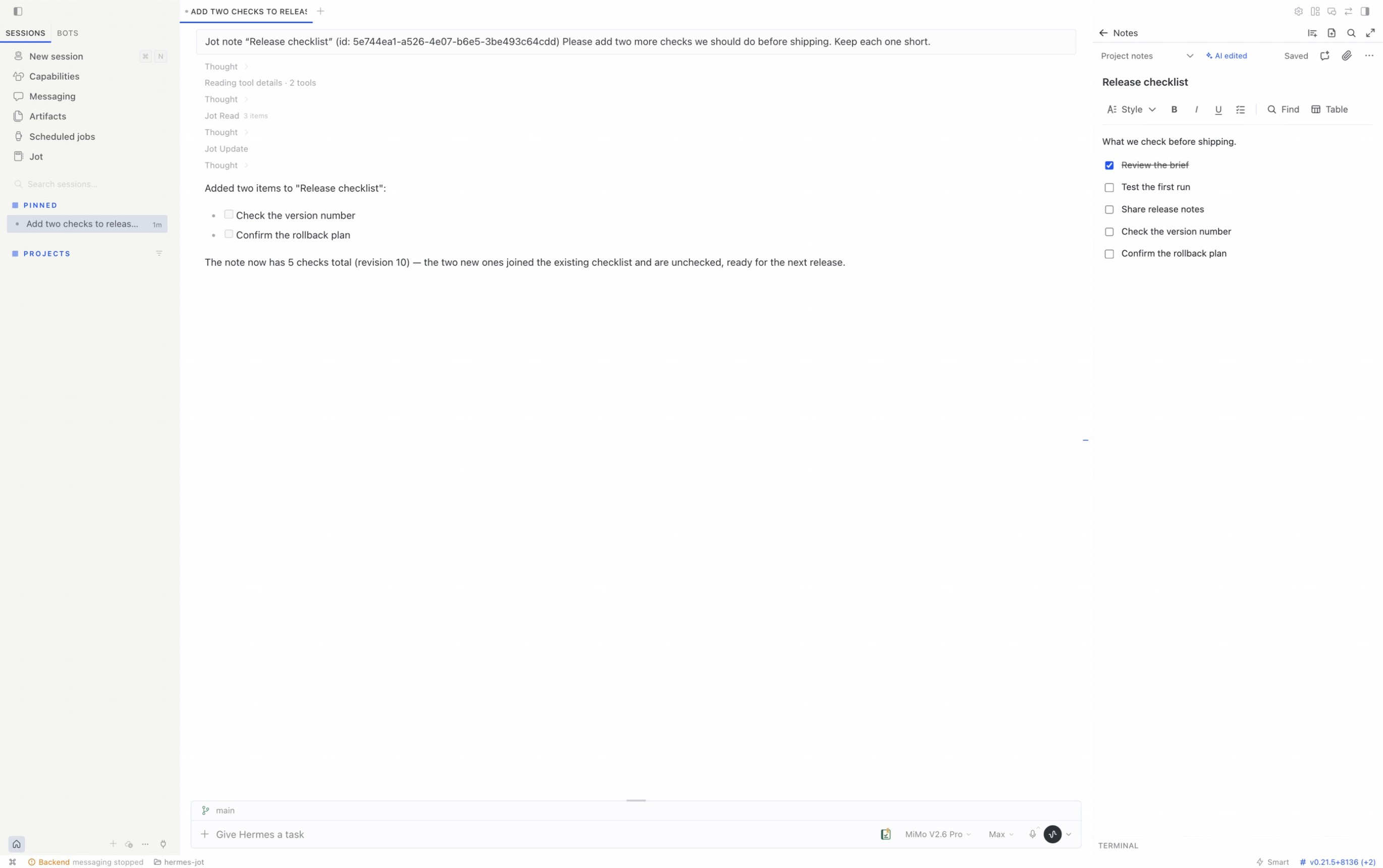 Jot beside a conversation in which the agent added two checklist items to the open note