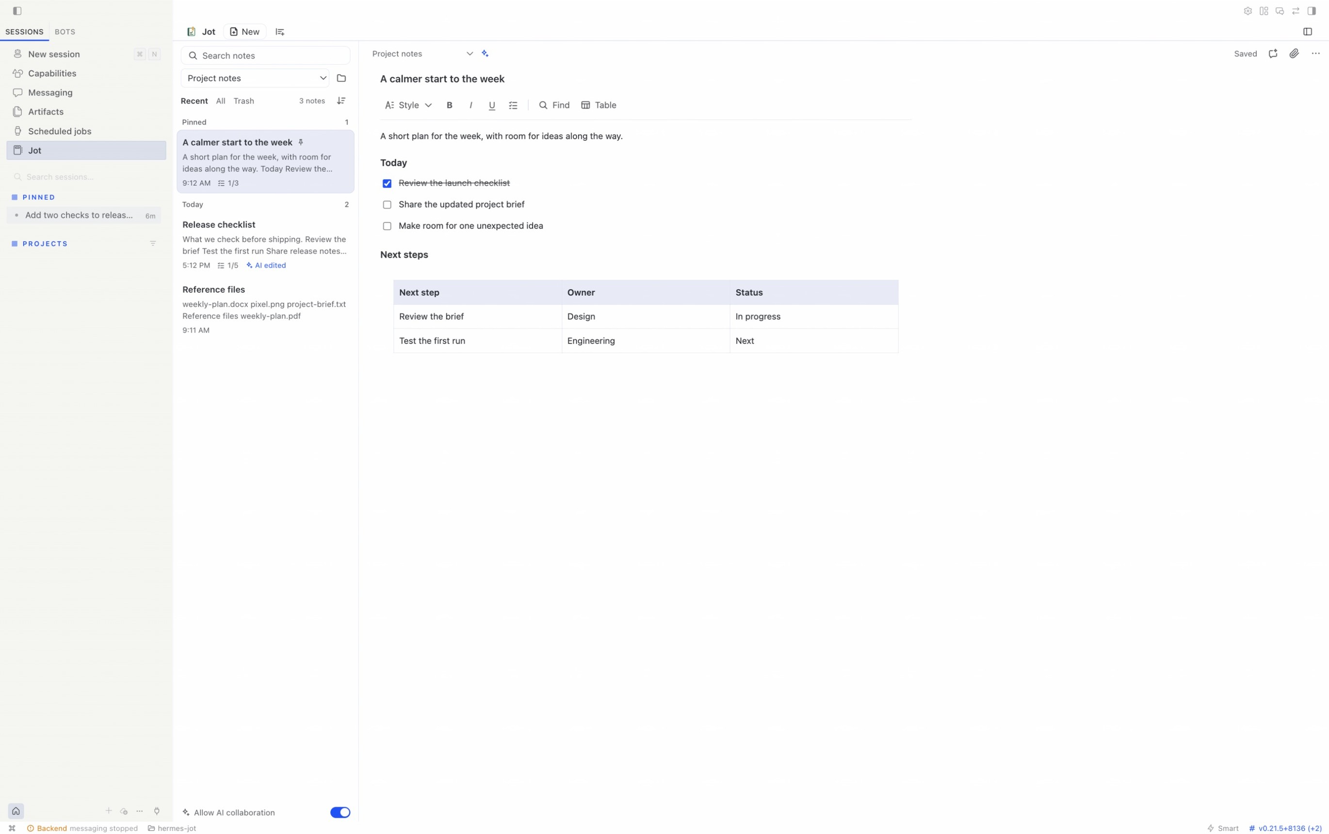 Jot workspace in Hermes Desktop