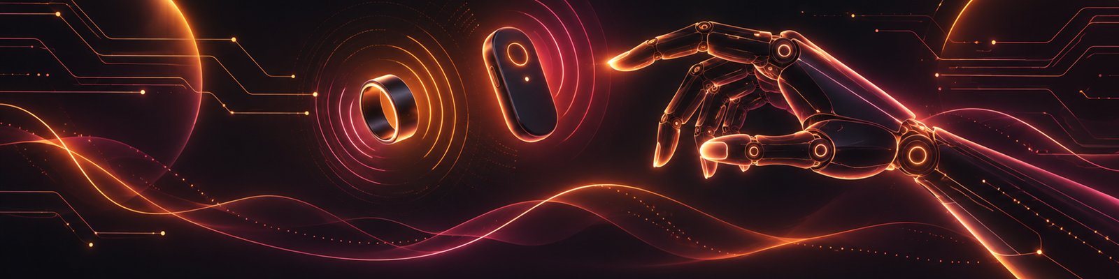 Dark banner in amber and magenta: a smart ring and a small handheld device emit radio ripples while a glowing robotic hand reaches toward them across flowing signal waves and circuit traces
