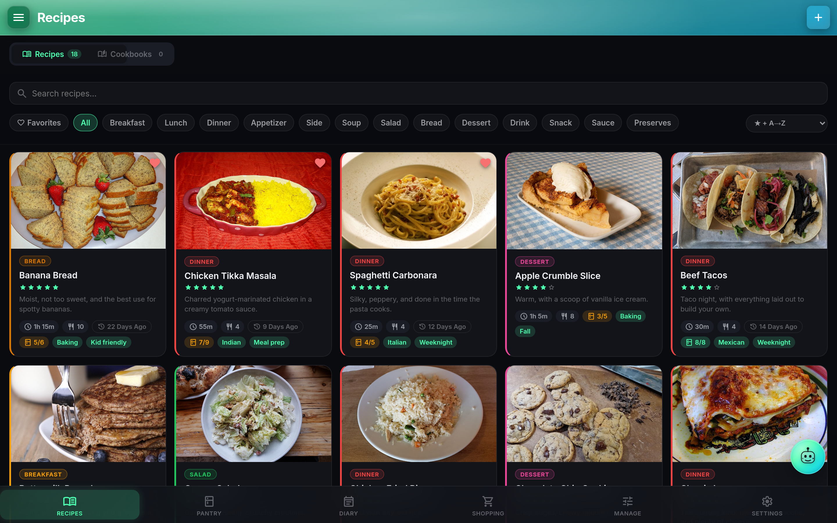 CookTrace recipe library: saved recipes with thumbnails, rating, time, and pantry-match pill