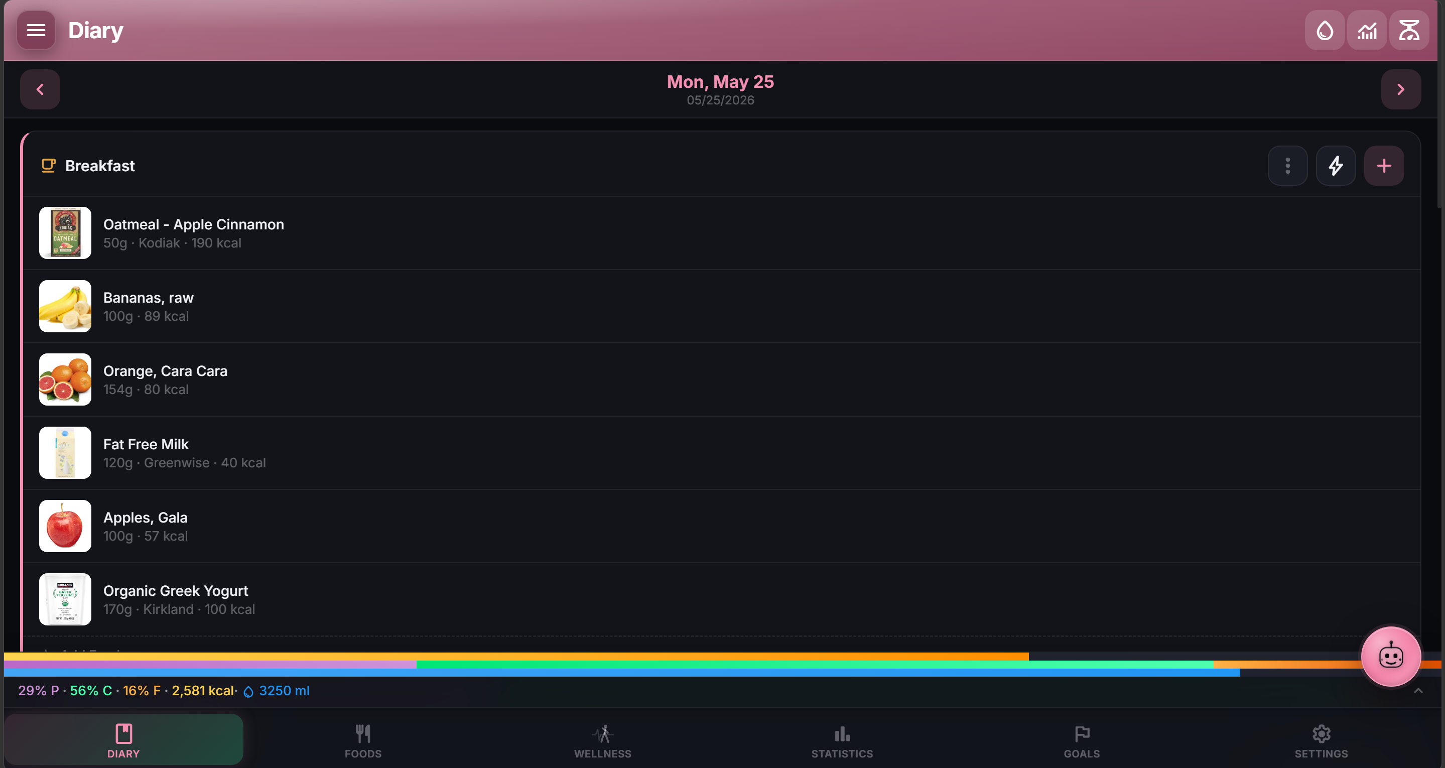 NutriTrace diary view — a full day of food logging with macro bar, per-meal breakdowns, and water tracking