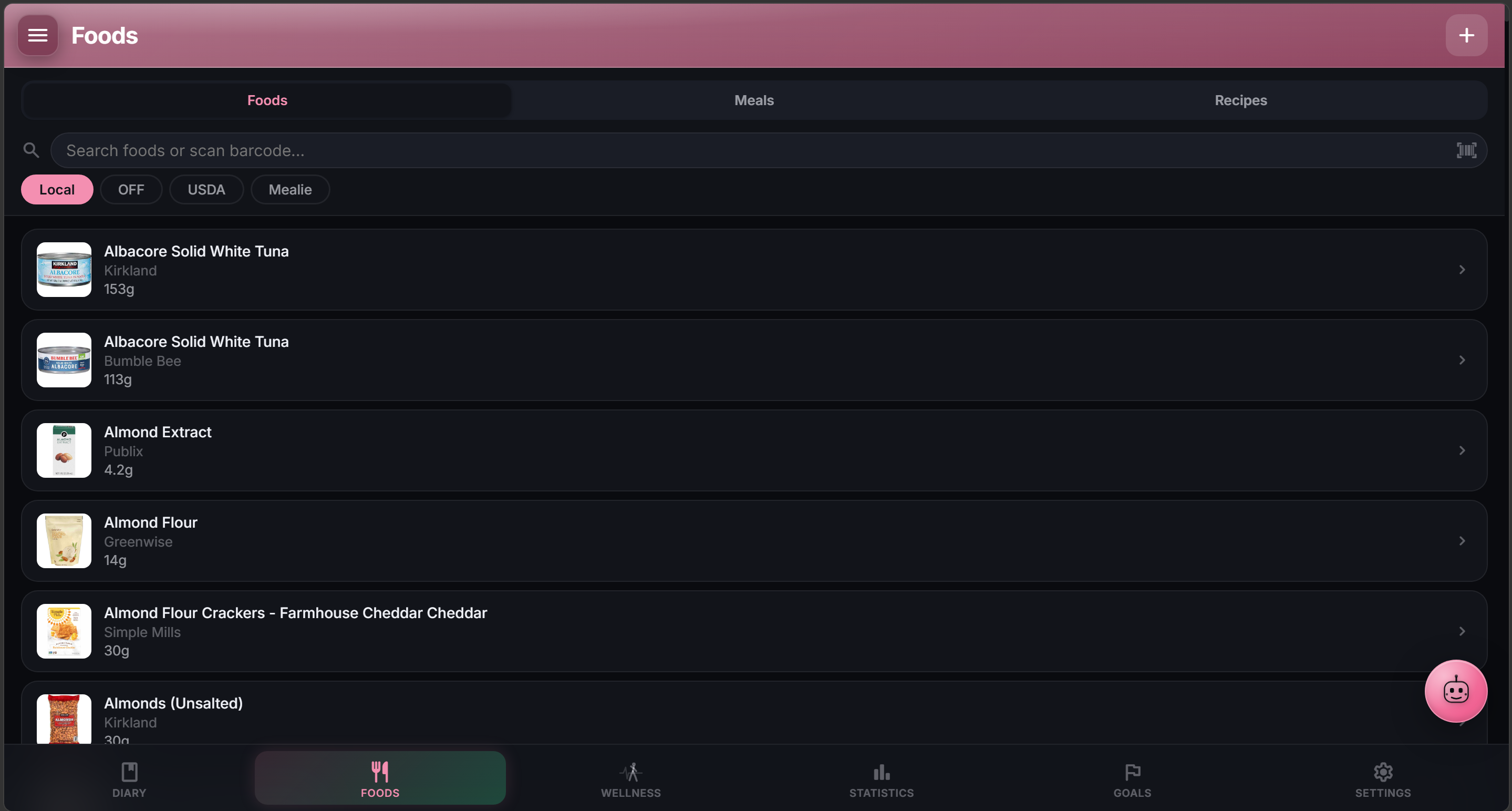 NutriTrace Foods library — saved foods with thumbnails and source filter chips (Local / OFF / USDA / Mealie), barcode-scan search, tabs for Foods, Meals, and Recipes