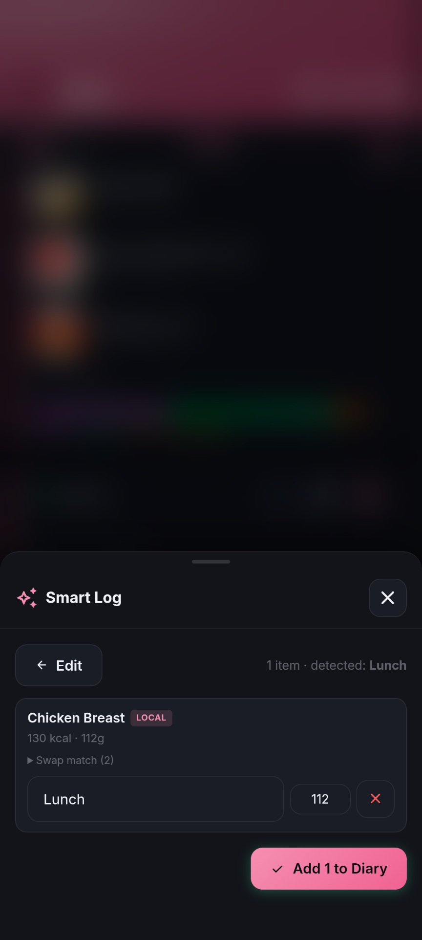 Smart Log review modal — voice input parsed into matched food items, edit before adding to diary