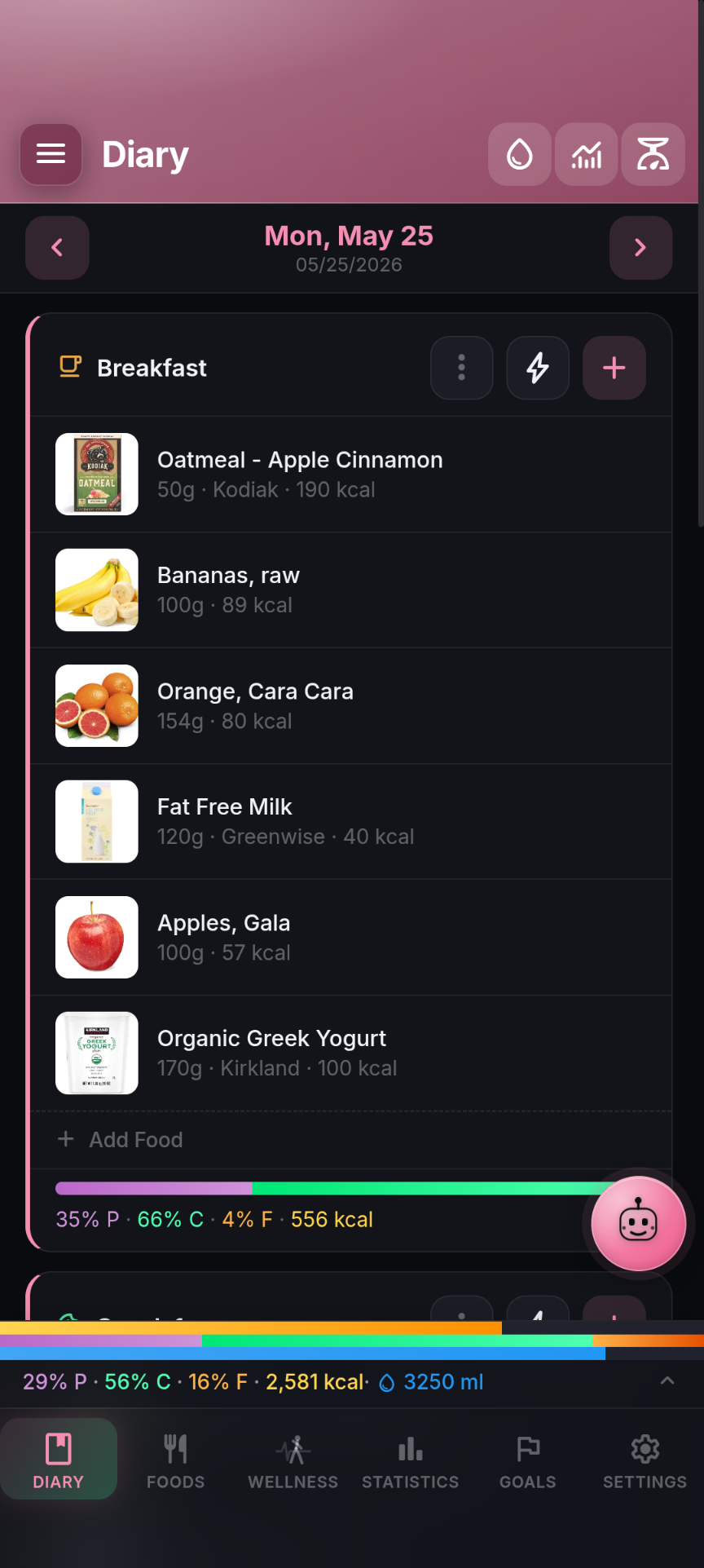 NutriTrace diary on Android — same diary view, mobile layout