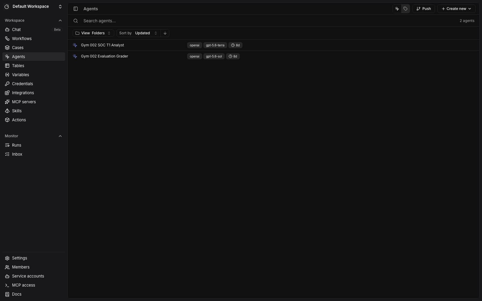 An agent preset in Tracecat with its tools and skills, then a chat where the agent investigates a case by calling tools