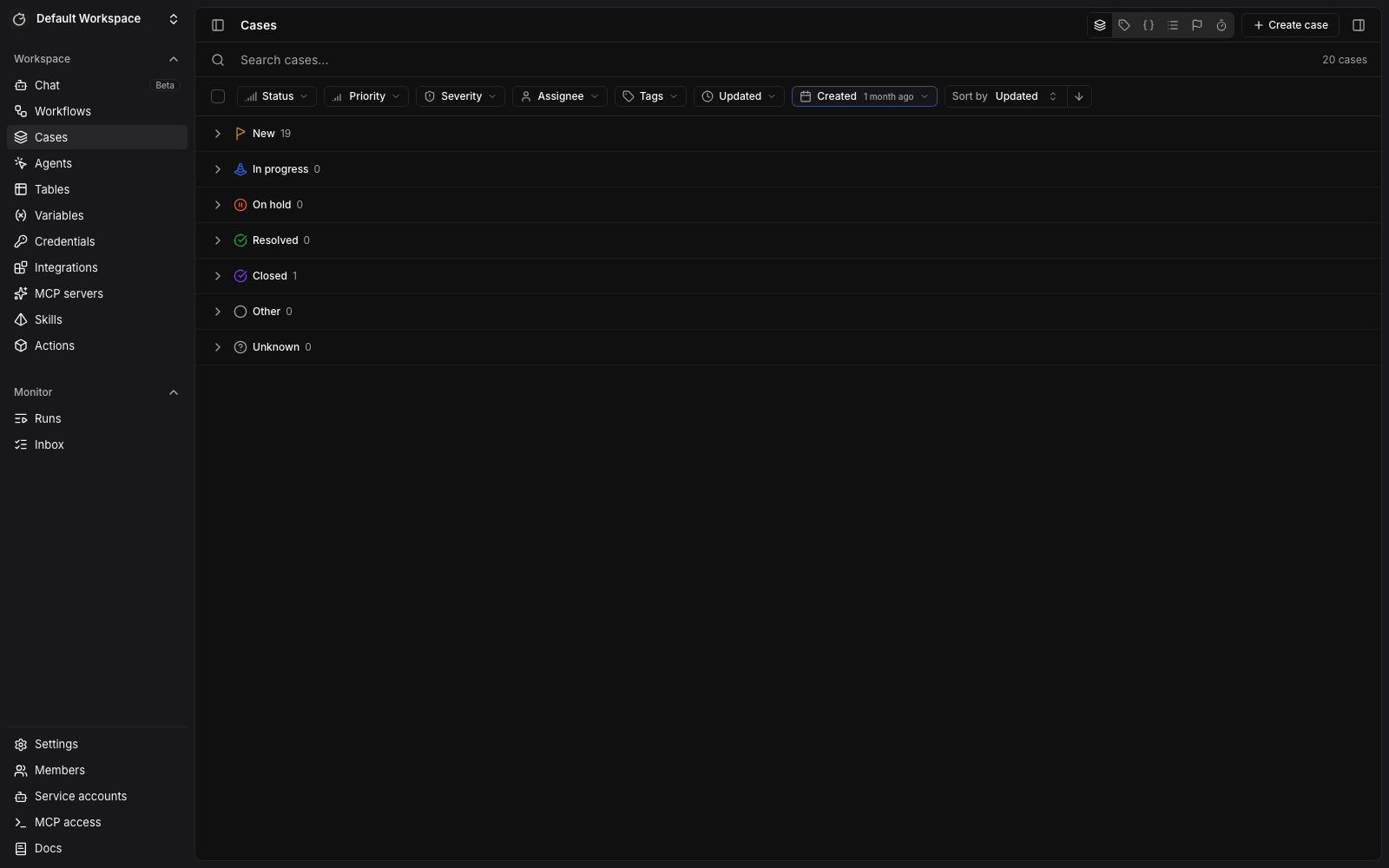 The Tracecat case list, then a case with an agent-written verdict, timeline, IoCs, and evidence