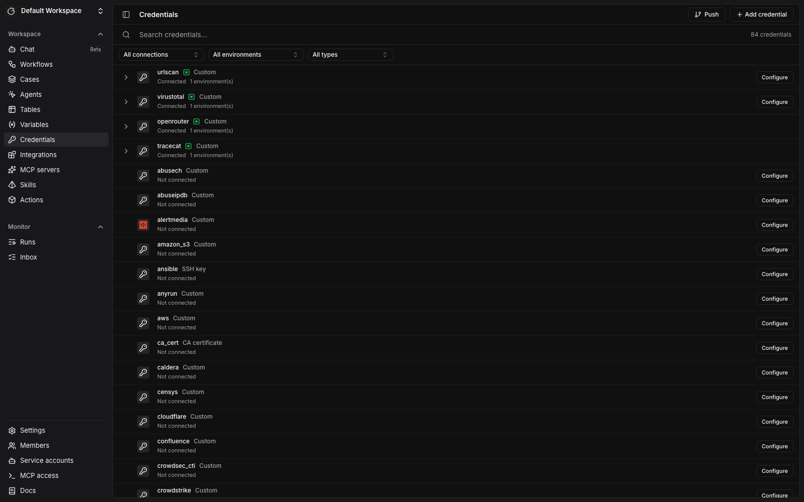 Tracecat credentials, OAuth integrations, and the hosted MCP server catalog