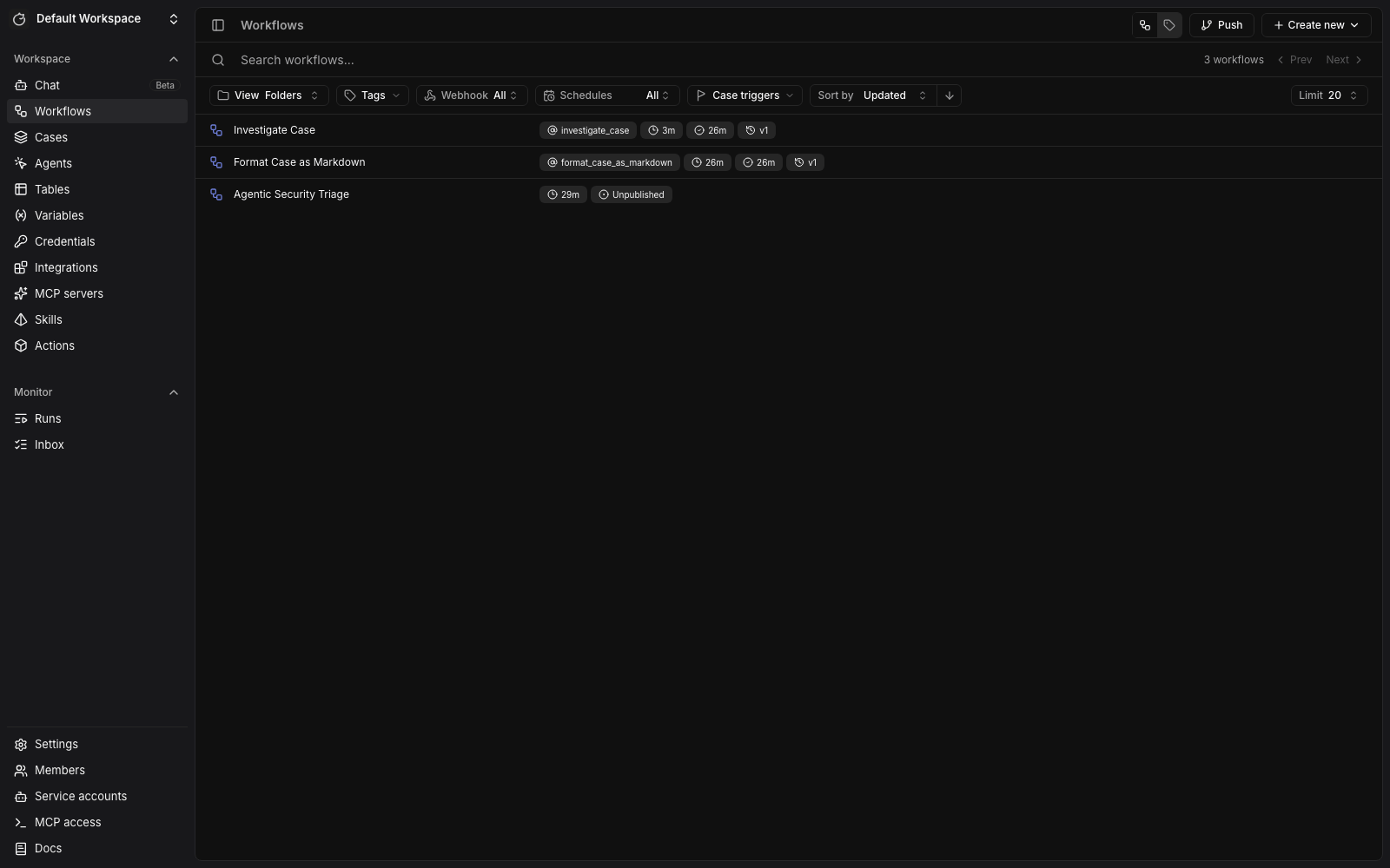 A workflow DAG in the Tracecat builder, zoomed out to show every step, then an agent step opened for editing